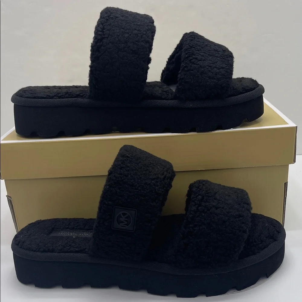 Michael Kors Black Faux Shearling Slides - Picture 1 of 16